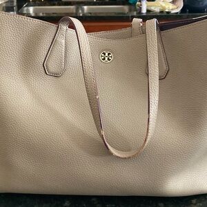 Tory Burch Taupe Pebbled Leather Tote with purple glazings